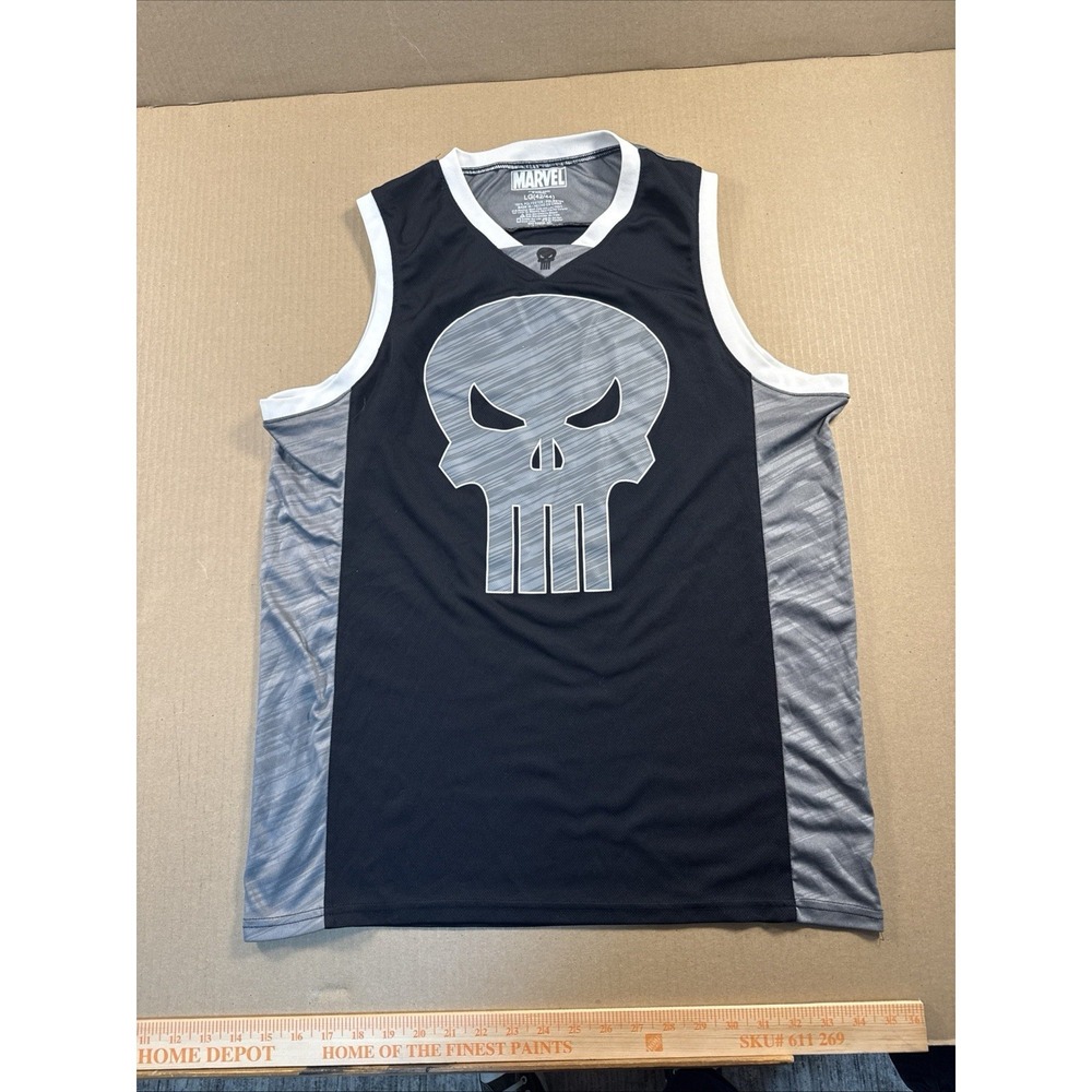 Marvel Tank Mens Large Black Punisher 74 Skull Basketball Jersey Sleeveless